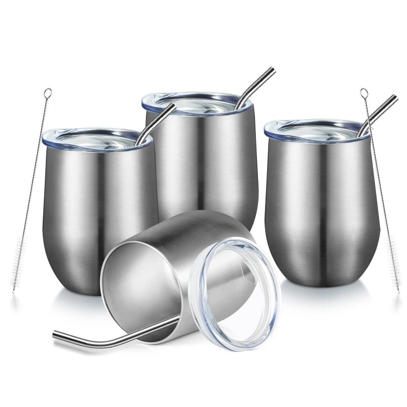 COMOOO 12oz Insulated Wine tumbler with Lid, Stainless Steel Stemless Wine Tumbler Glass,Double Wall Vacuum Wine Tumbler Cups with Straw for Coffee, Cocktails,Beer,Champaign Silver, 4 Pack - Image 1